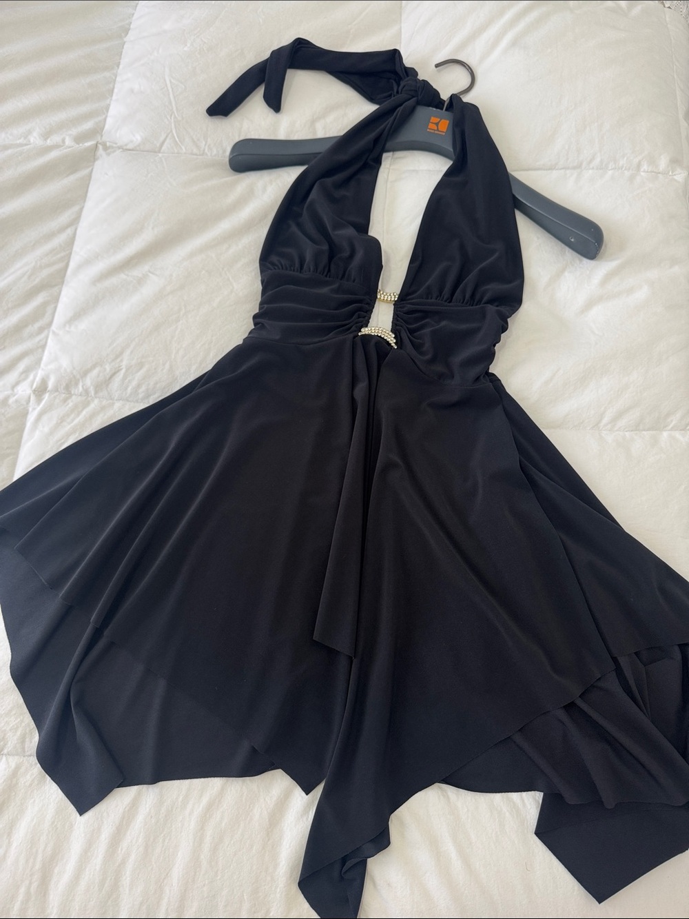 NWT Black Halter Handkerchief Hem Mini Dress with Rhinestone Accent